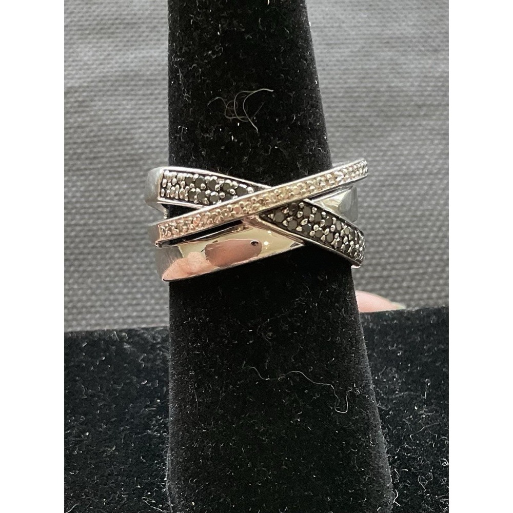 SUN 925 Sterling Silver Black & White Pave Diamond Crossover Ring Size 7